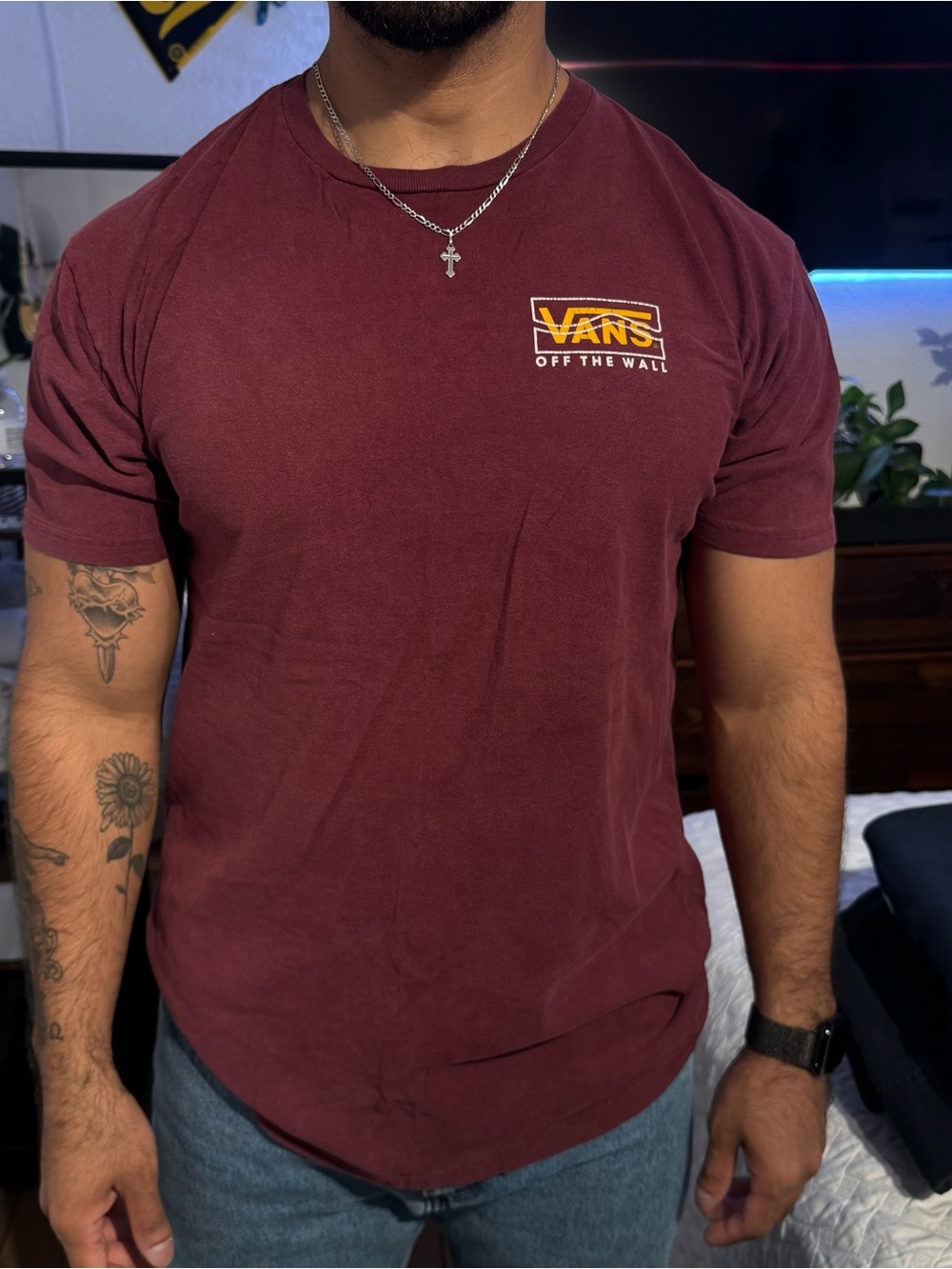 Vans Men’s Maroon Crew Neck Short Sleeve Tee with Yellow Logo